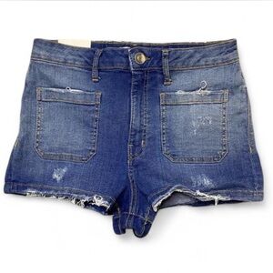 High rise denim blue distressed shorts with frayed hem and pockets new with tag